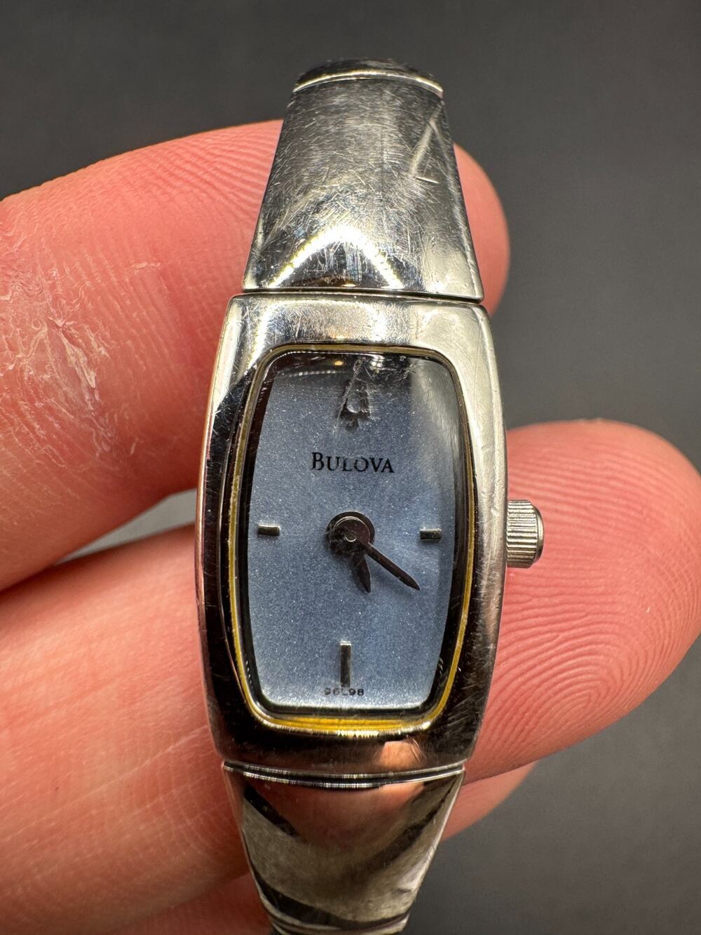 Bulova Quartz 96L98 Movement Ice Blue Dial Ladies Watch Silver Tone 13.2mm 6.5"